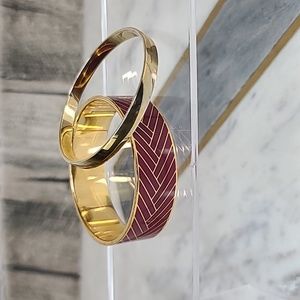 J Crew Gold Plated Brass Bangle & Enameled Herringbone Bracelet in Maroon/Gold